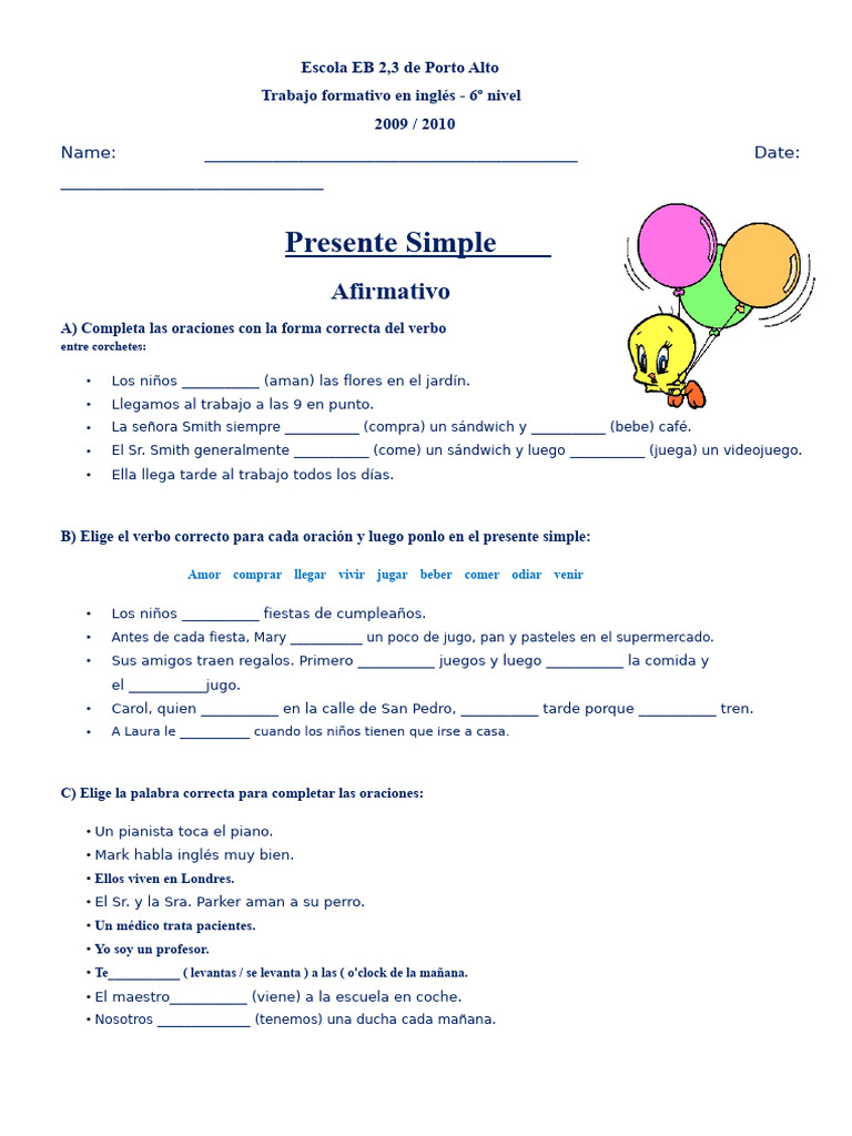 Ejercicios de Presente Simple en Inglés | PDF
