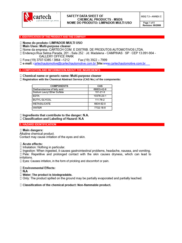 MSDS for Multi-Purpose Cleaner Product | PDF | Waste | Toxicity