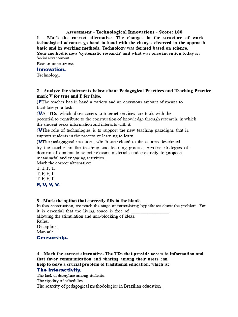 EVALUATION - Technological Innovations - Score 100 | PDF | Pedagogy ...