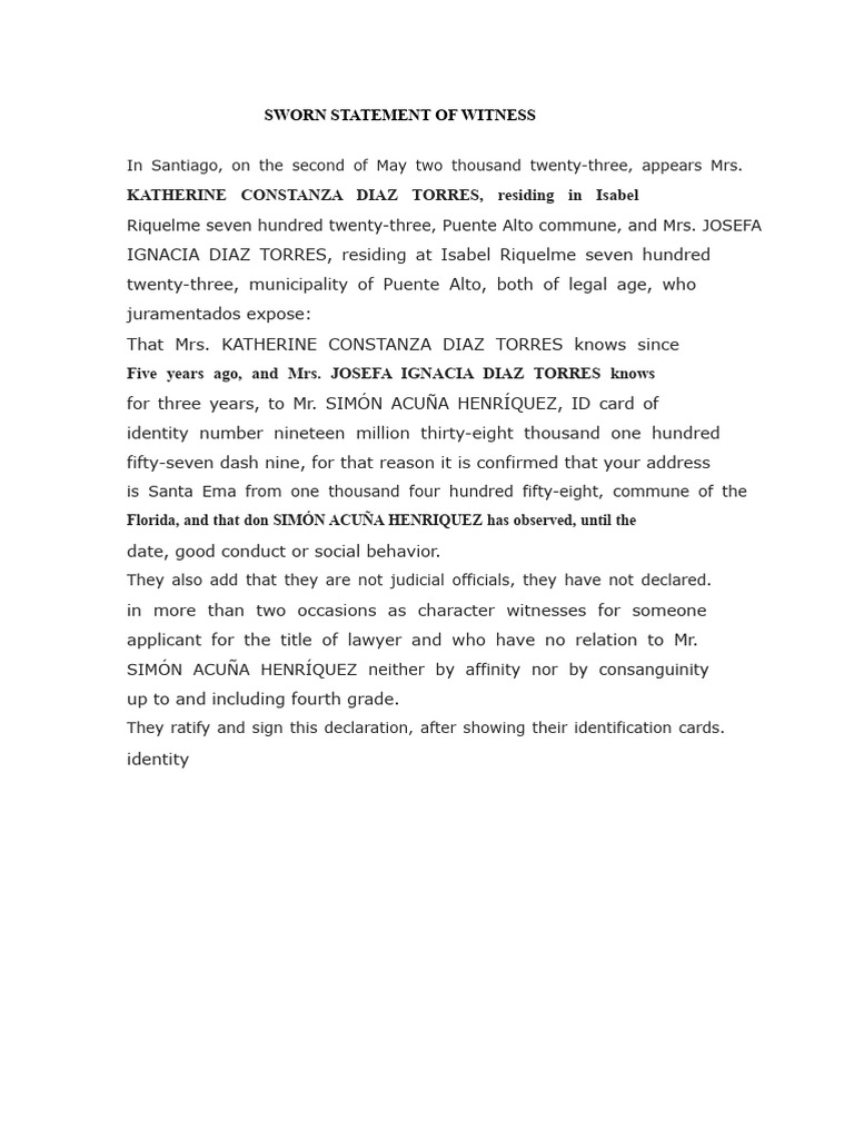 Sworn Witness Statement for Simón Acuña | PDF