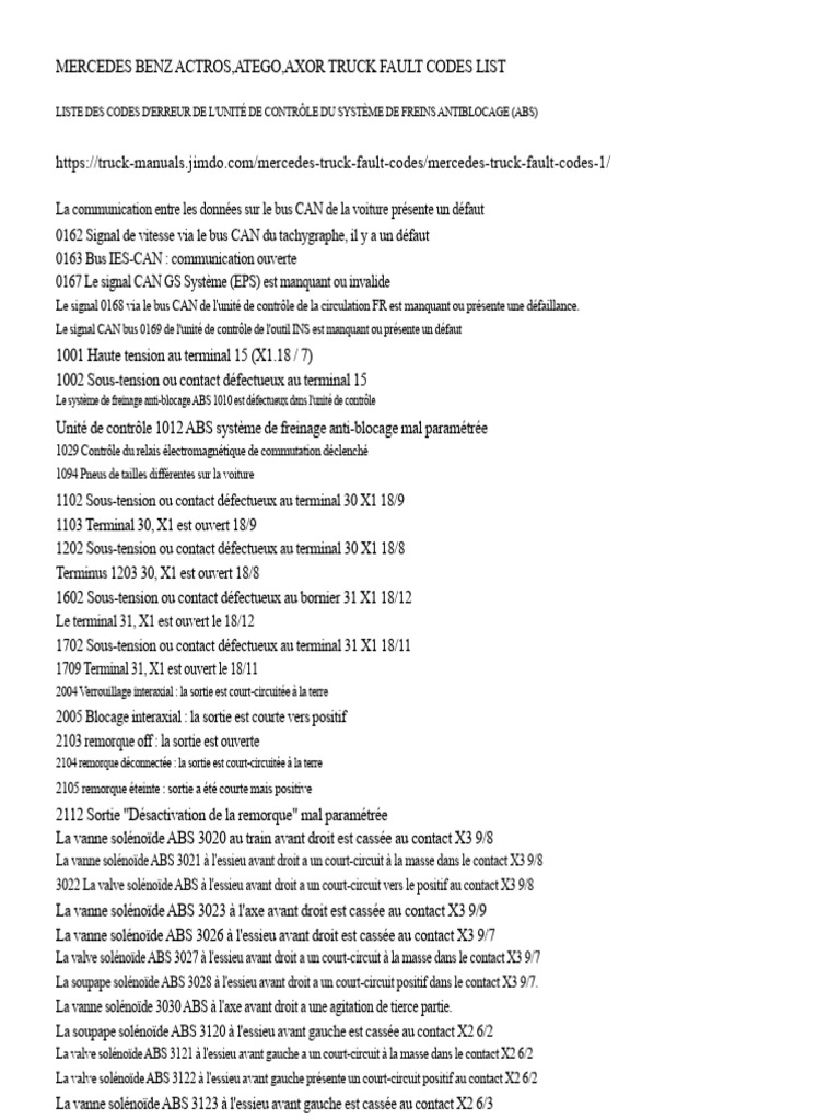 Codes d'erreur ABS Mercedes-Benz | PDF | Pièces de véhicule | Moteurs