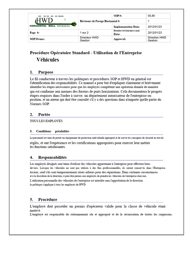 SOP sur l'utilisation des véhicules d'entreprise | PDF