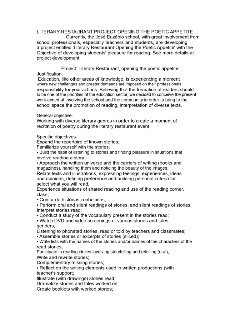 Literary Restaurant Project for Students | PDF | Storytelling | Poetry