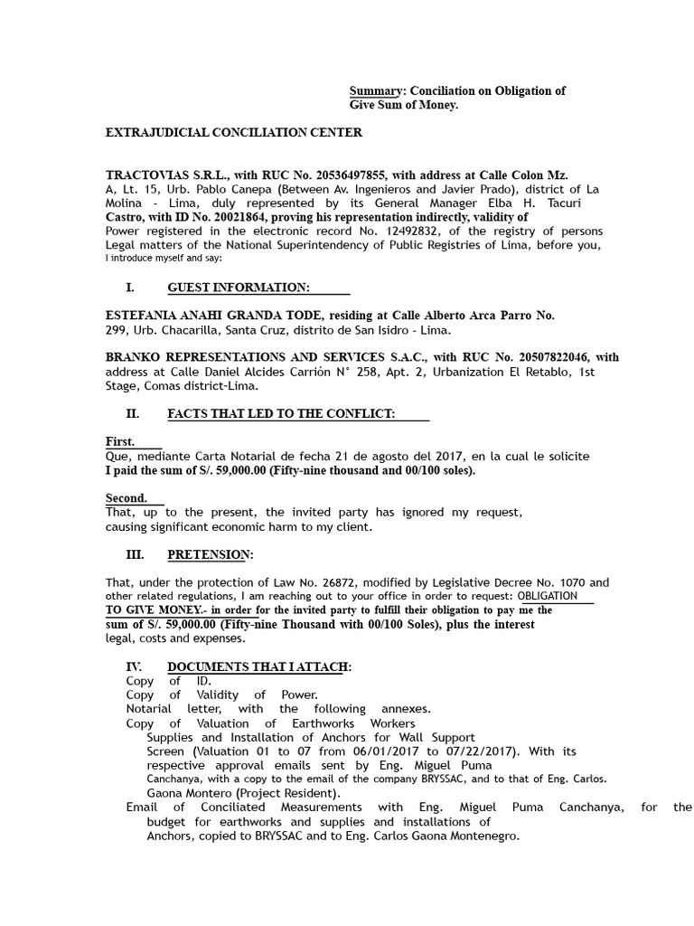 Conciliation Request for S/. 59,000 Payment | PDF | Payments