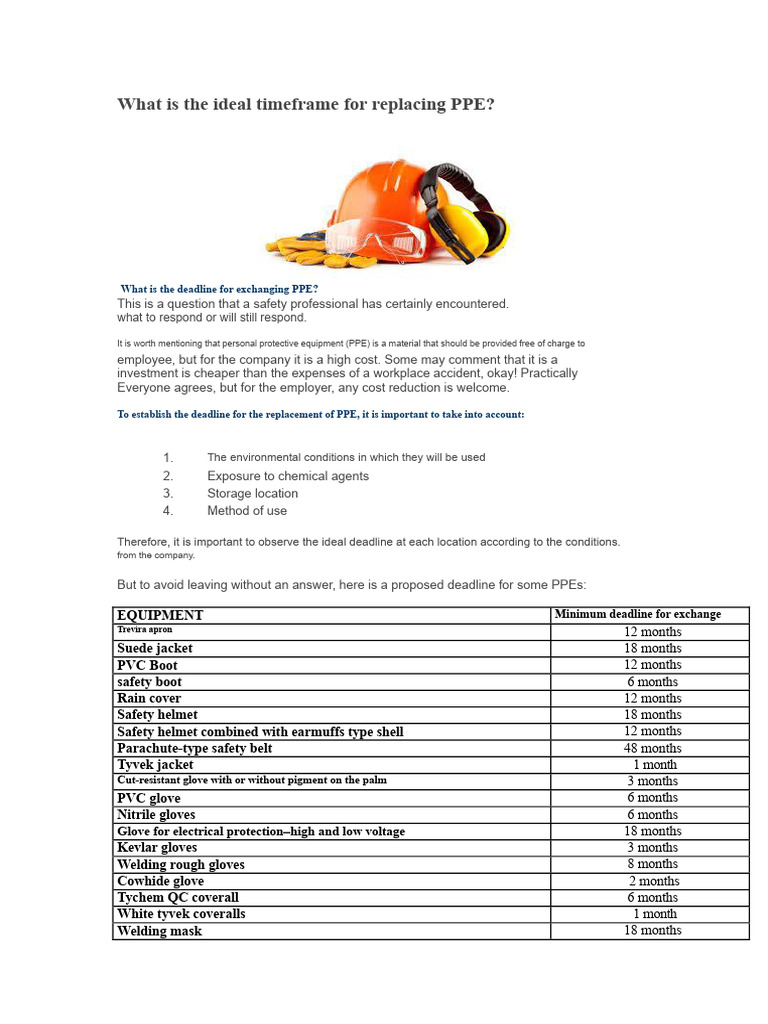 Ideal PPE Replacement Timelines | PDF | Personal Protective Equipment ...