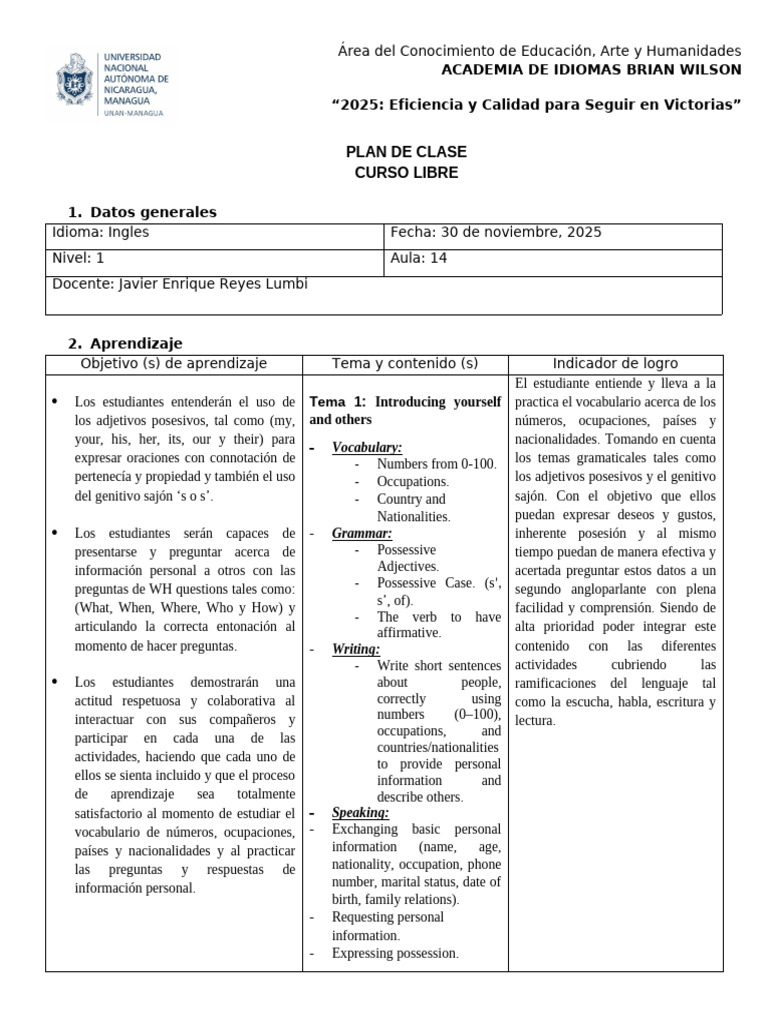 Plan de Clase Curso Nivel 1-30-11 - Javier Reyes | PDF | Maestros ...