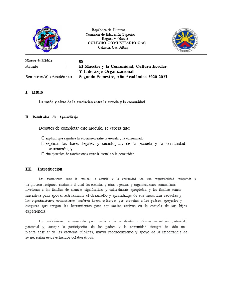 MÓDULO 8 El Maestro y La Comunidad...... | PDF | Comunidad | Escuelas