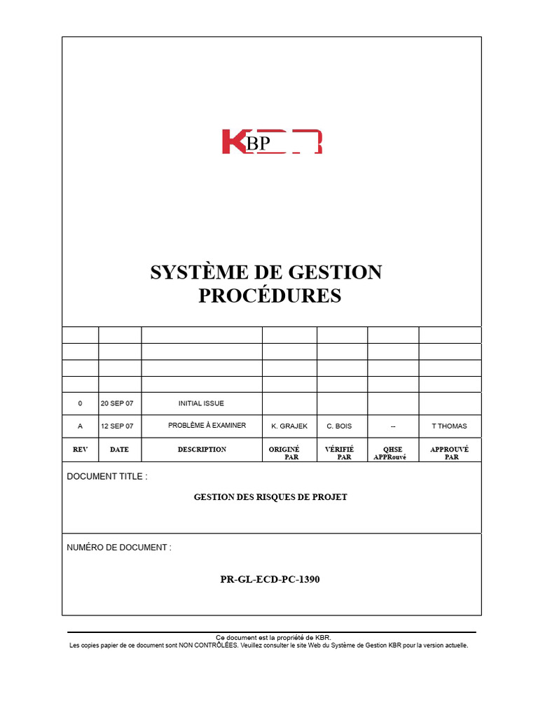 Gestion des Risques de Projet KBR | PDF | Gestion des risques | Risque