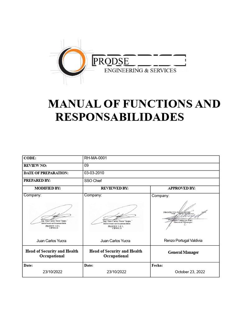 Functions and Responsibilities Manual | PDF | Occupational Safety And ...