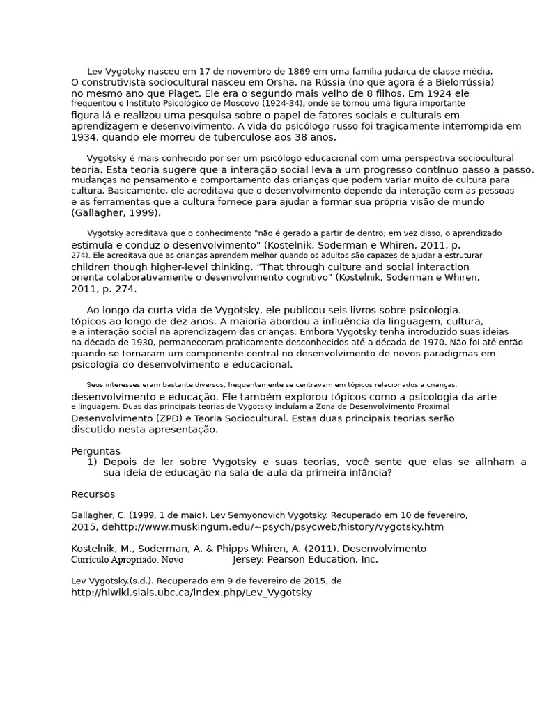 Teorias de Vygotsky na Educação Infantil | PDF | Psicologia | Aprendizado