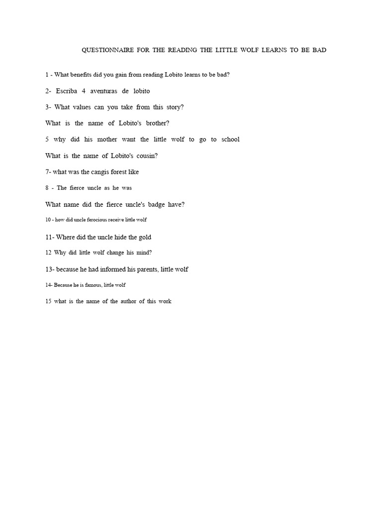 Little Wolf Learns to Be Bad Questionnaire | PDF