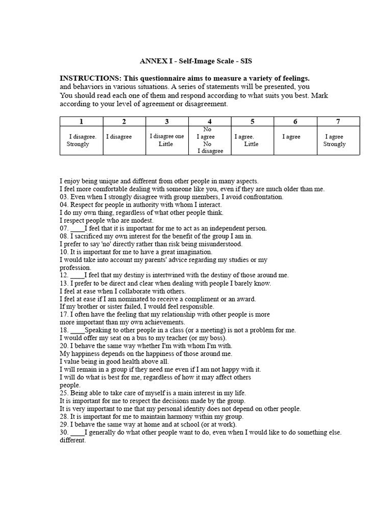 Self-Image Scale Questionnaire Guide | PDF | Psychology | Psychological ...