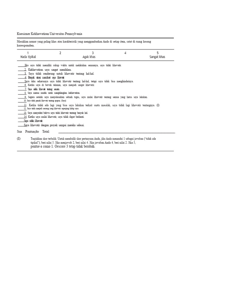 Kuesioner Kekhawatiran QPUP Penn State | PDF