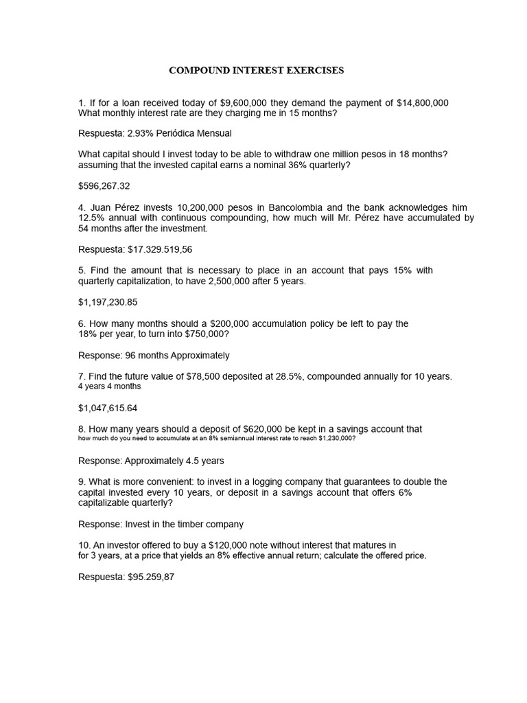 Compound Interest Calculation Exercises | PDF | Interest | Compound ...