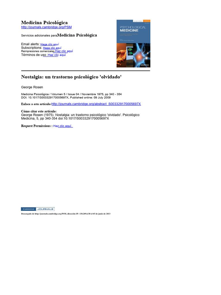 George Rosen - Nostalgia - Un Trastorno Psicológico Olvidado | PDF