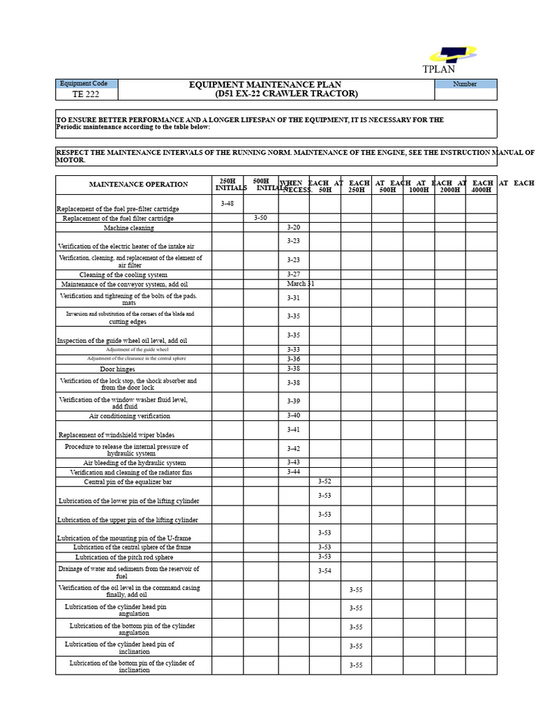 D51 EX-22 Crawler Tractor Maintenance Plan | PDF | Tractor | Motor Oil