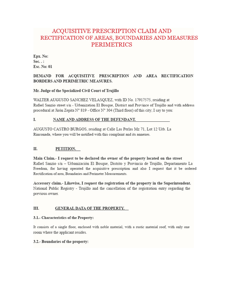 Acquisitive Prescription Claim in Trujillo | PDF | Complaint | Justice