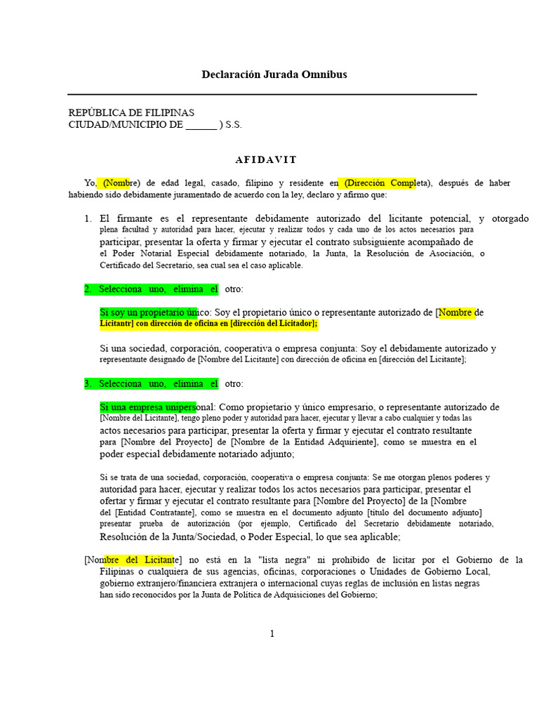 Declaración Jurada para Licitaciones en Filipinas | PDF