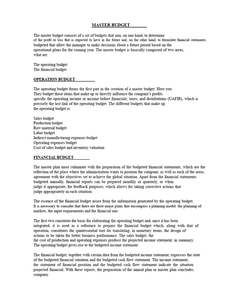 Master Budget Overview and Planning Guide | PDF | Budget | Income