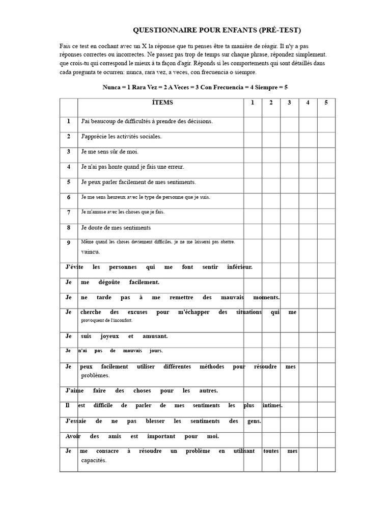 Questionnaire d'auto-évaluation pour enfants | PDF | Psychologie ...