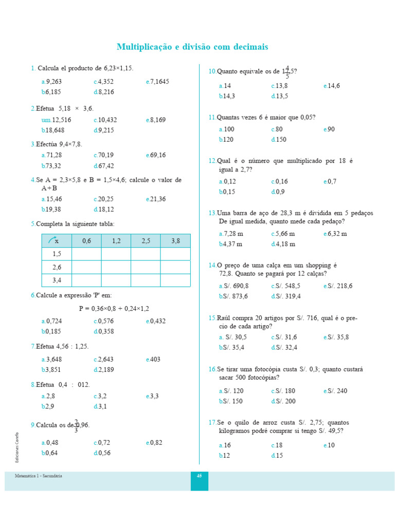 Fichas de Multiplicação e Divisão Decimais | PDF | Matemática | Aritmética