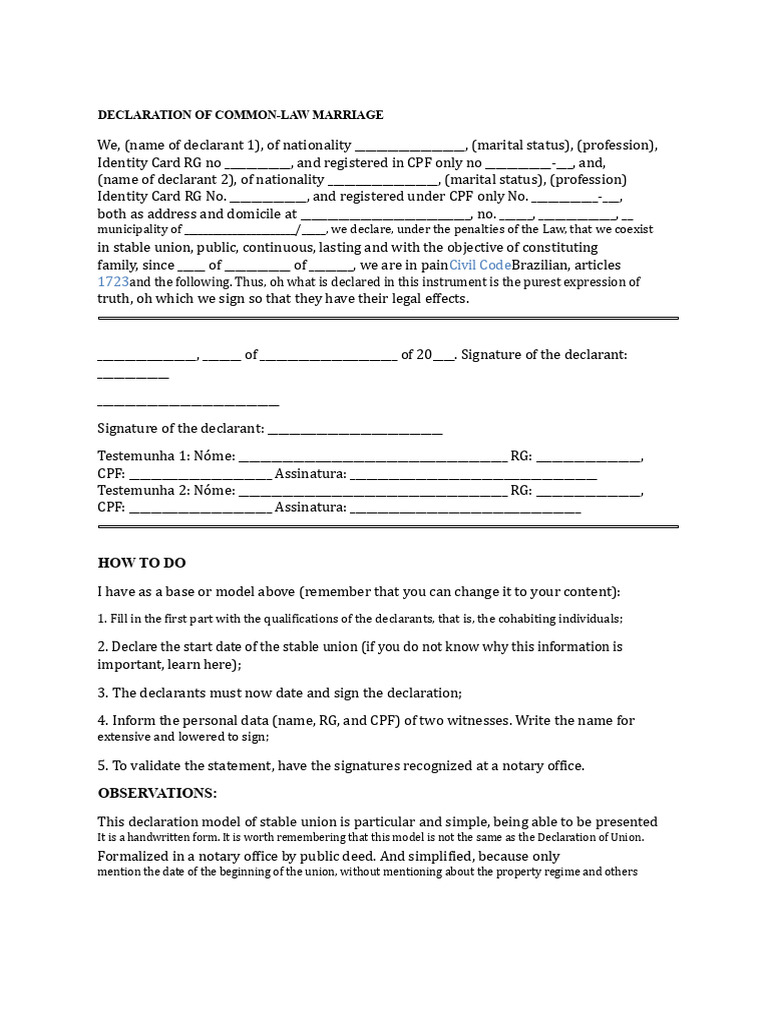 Common-Law Marriage Declaration Template | PDF | Notary Public ...