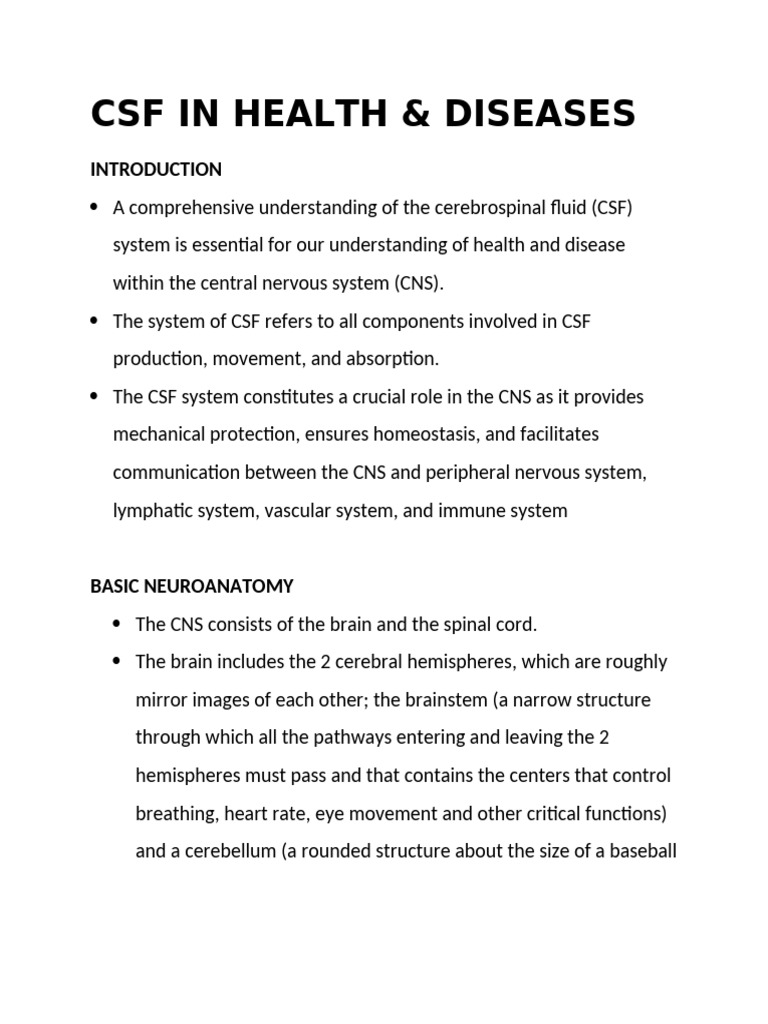 Csf in Health & Diseases | PDF | Cerebrospinal Fluid | Meningitis