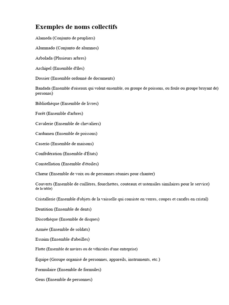 Noms Collectifs En Fran ais Et Espagnol PDF