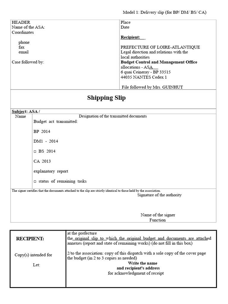 Delivery Slip and Note Templates for ASA | PDF