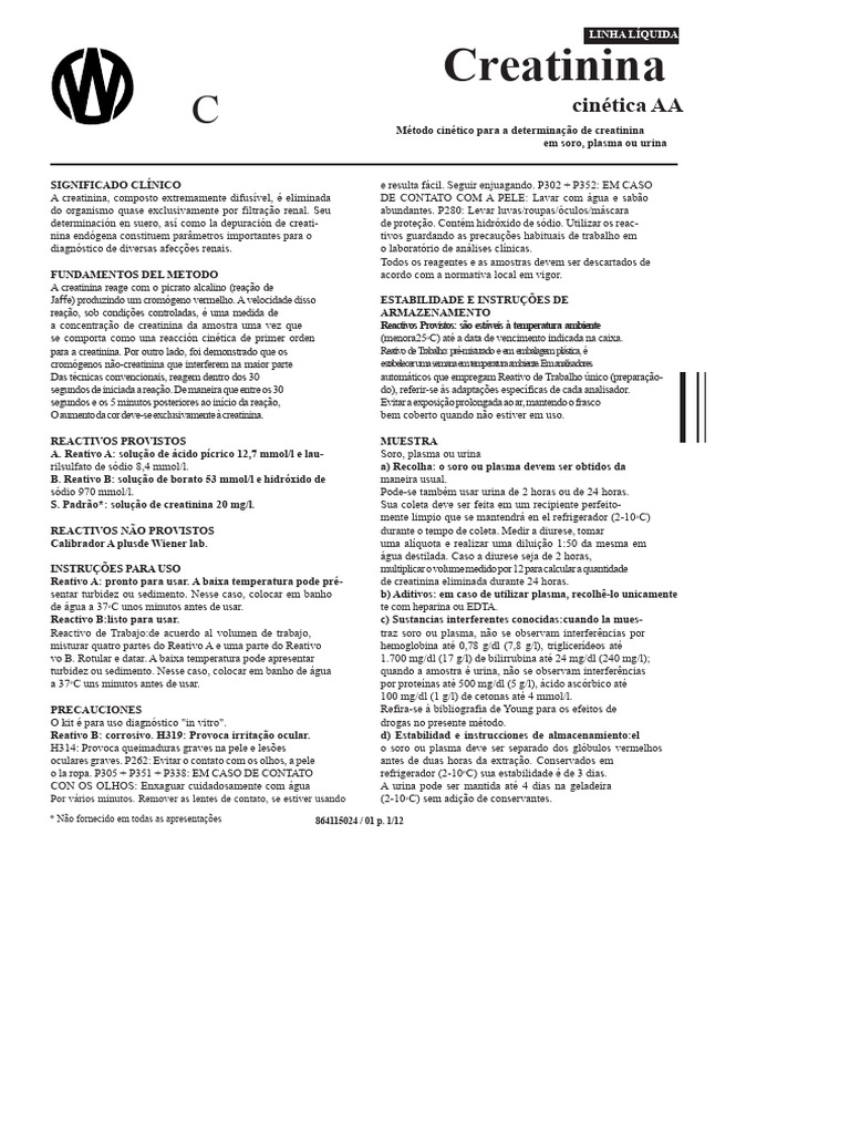 Determinação de Creatinina em Amostras Clínicas | PDF | Creatinina ...