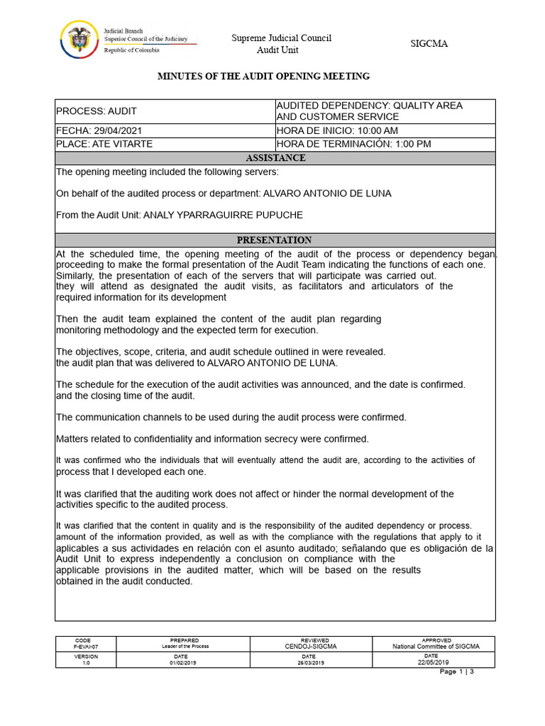 Audit Opening Meeting Minutes - Quality Area | PDF | Audit | Justice