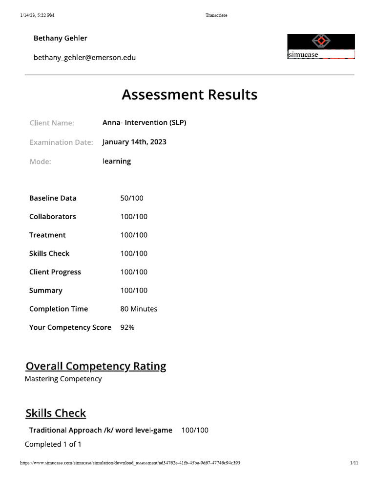 Simucase Assessment Transcript Download | PDF