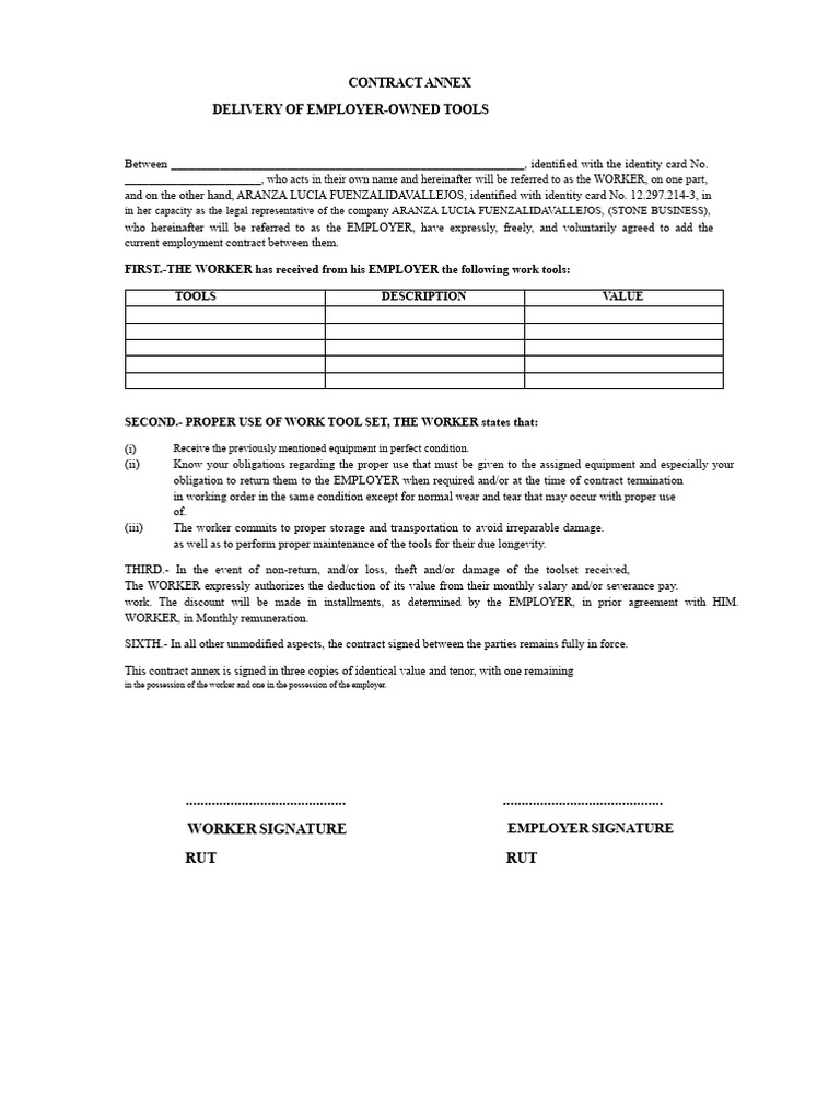 Annex to Contract - Responsibility and Delivery of Tools (Company ...