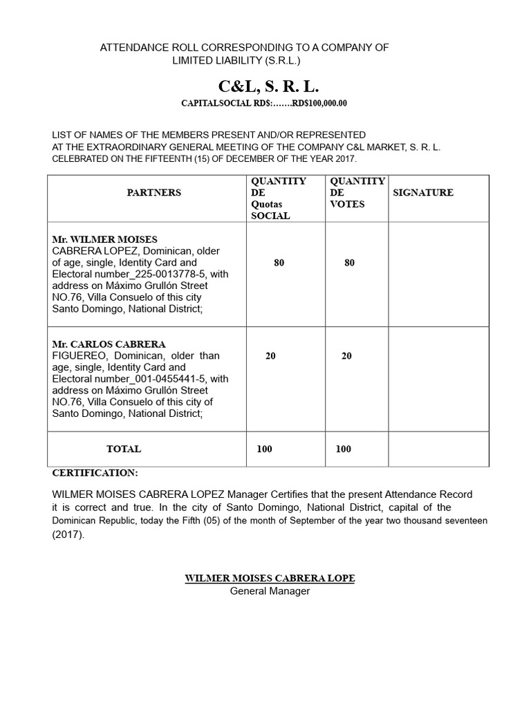 Attendance Record Corresponding To A Limited Liability Company | PDF