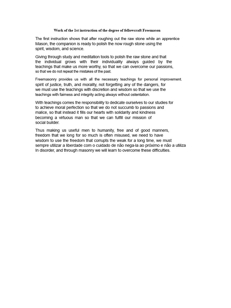 Work of The 1st Instruction of The Degree of Fellow Craft Mason | PDF