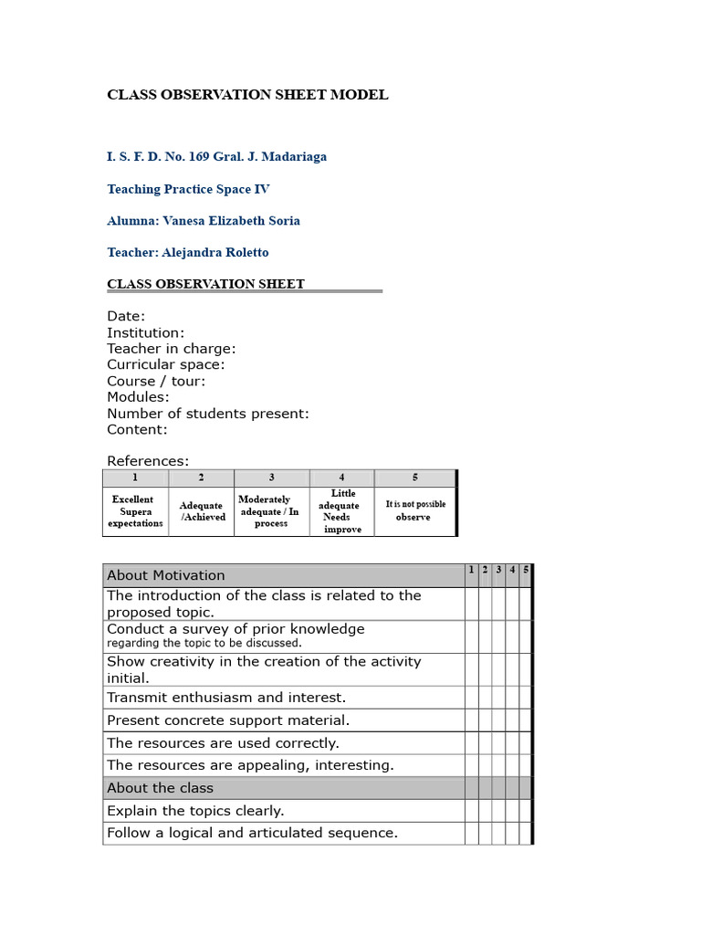 Class Observation Sheet Template | PDF | Teachers | Learning