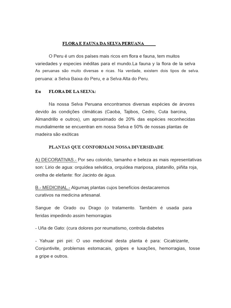 FLORA E FAUNA DA SELVA PERUANA.docx | PDF | Peru | Organismos