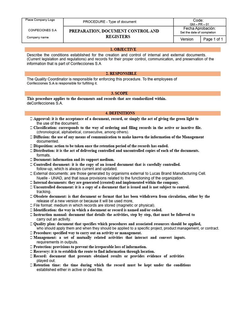 Procedure for Document and Record Control Preparation | PDF ...