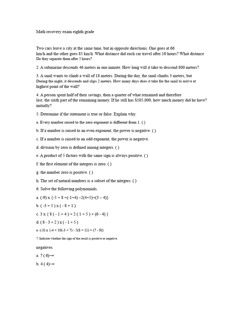 Mathematics Recovery Exam Eighth Grade | PDF