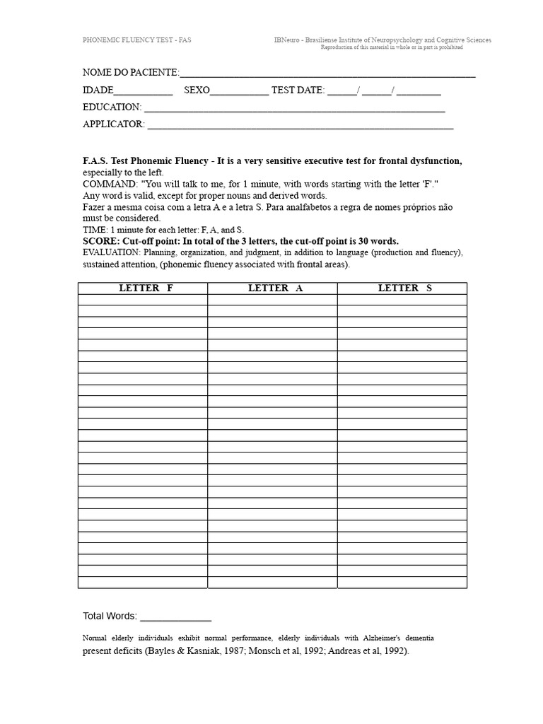 Phonemic Fluency Test - FAS Guide | PDF