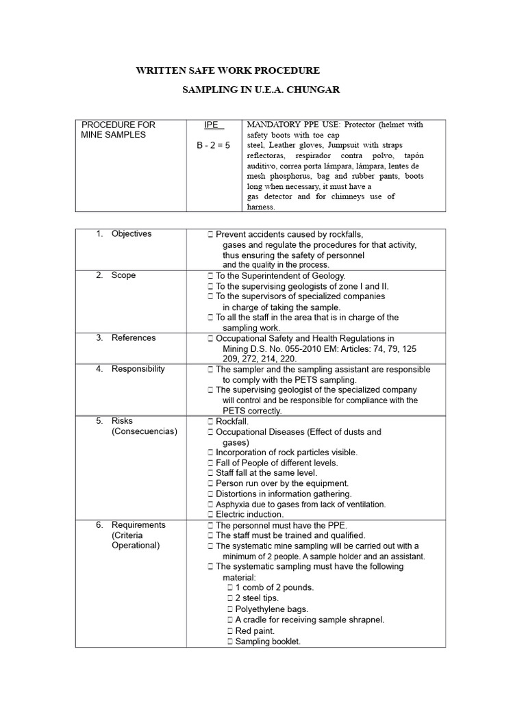 Safe Sampling Procedure for Mining | PDF | Personal Protective ...