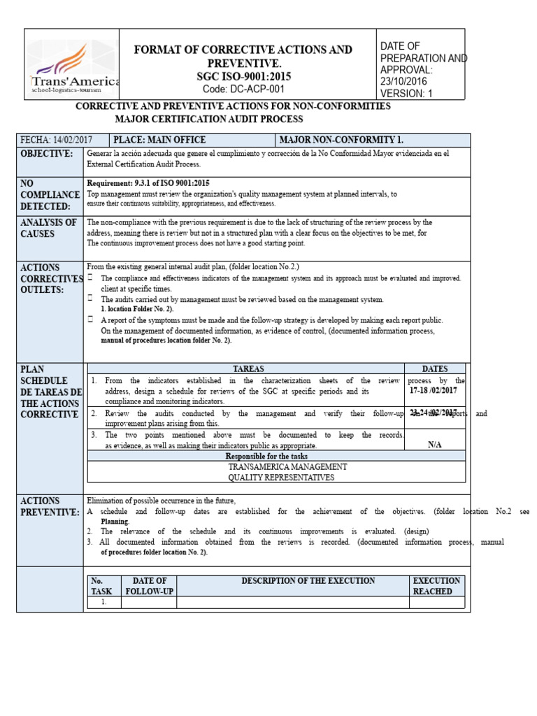 ISO 9001:2015 Corrective Action Plan | PDF | Audit | Business