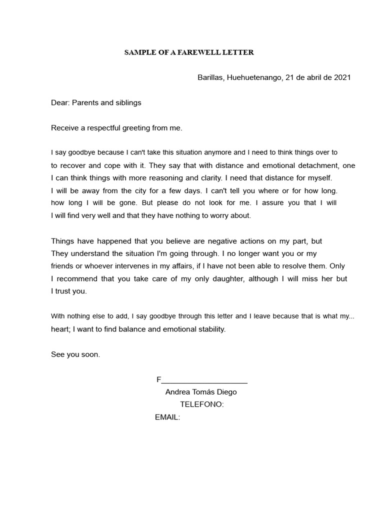 Emotional Farewell Letter Sample | PDF