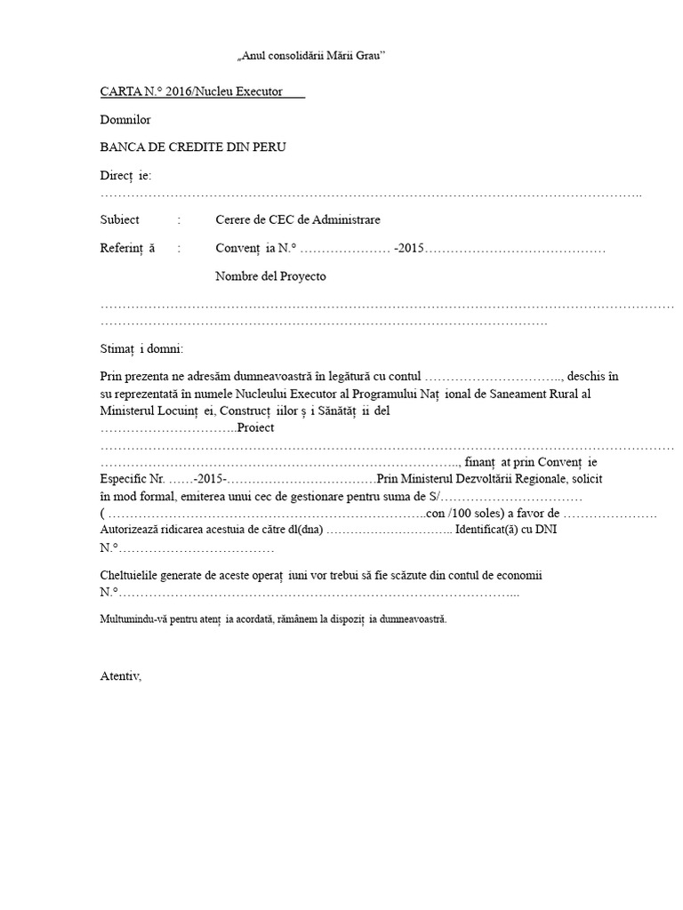 SCRISOARE N Cerere Cec de Gestionare | PDF