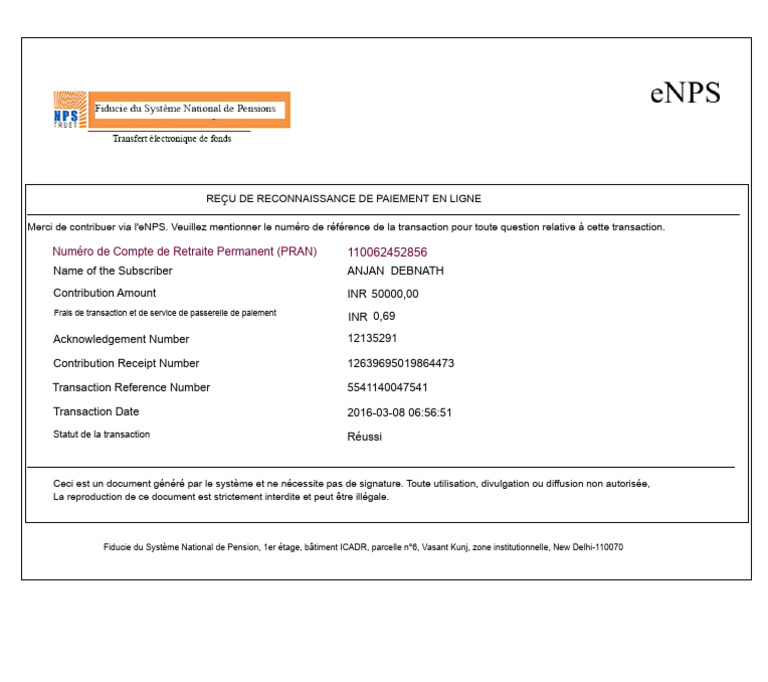 Reçu de paiement eNPS : INR 50,000 | PDF