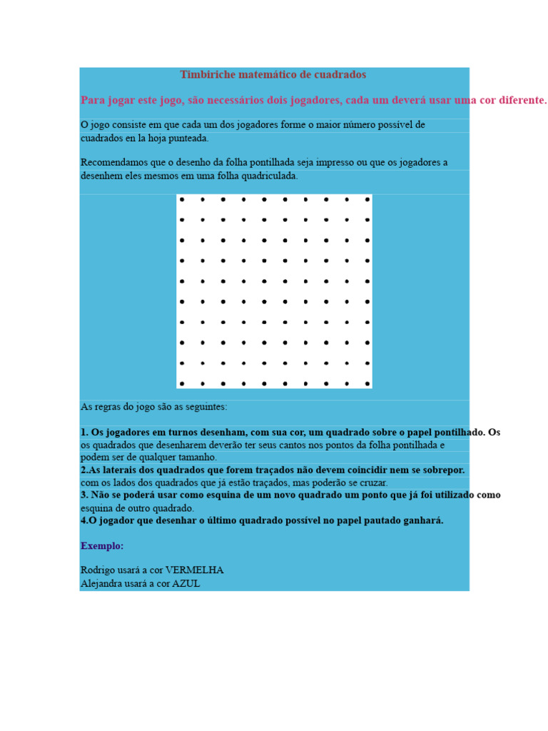 Jogo Timbiriche Matemático: Quadrados | PDF