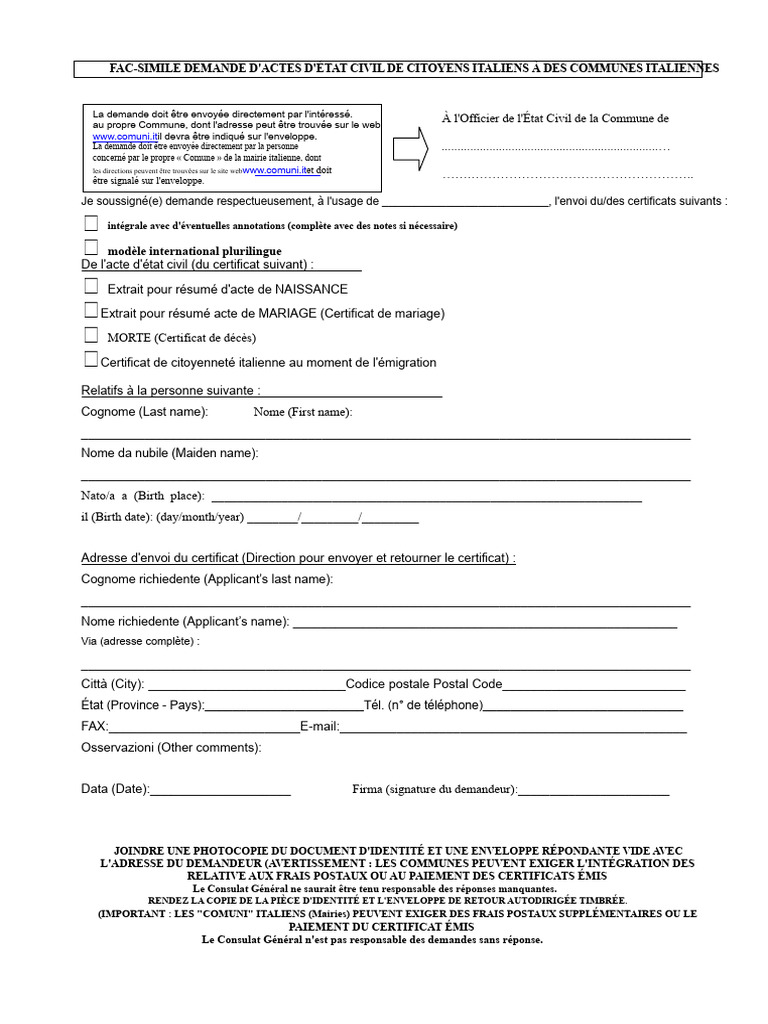 Demande d'actes d'état civil italiens | PDF | Certificat de naissance