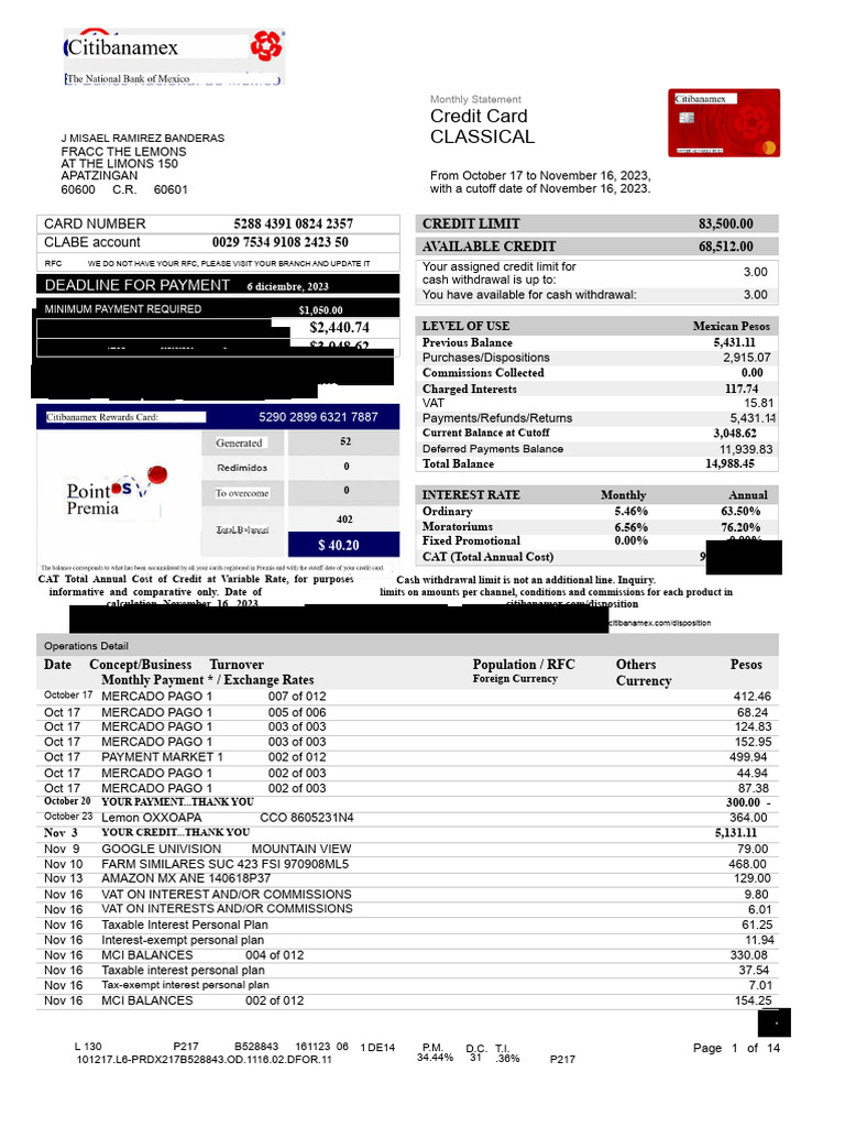Credit Card Monthly Statement Summary | PDF | Credit Card | Payments