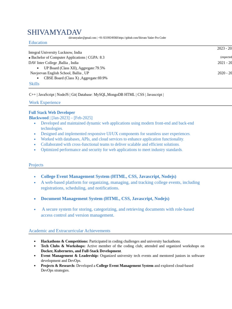 Shivam Yadav: Full Stack Developer CV | PDF