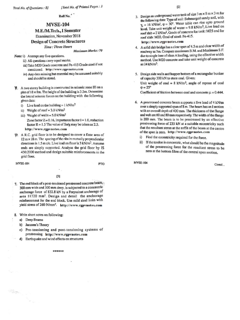 Mtech 1 Sem Mvse 104 Design of Concrete Structures Nov 2018 | PDF